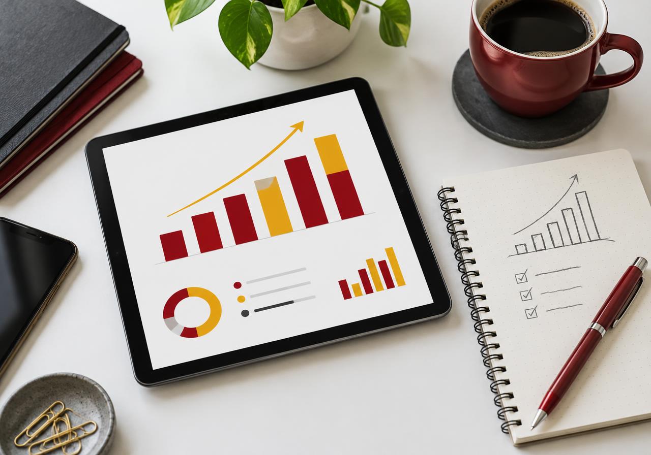 Advertising charts on a tablet beside a planning notebook