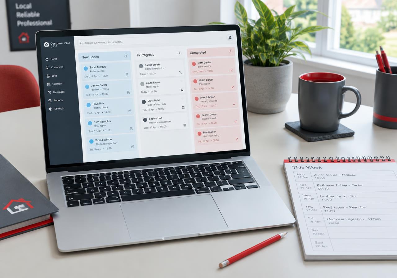 Customer enquiries organised on a laptop with a weekly planner