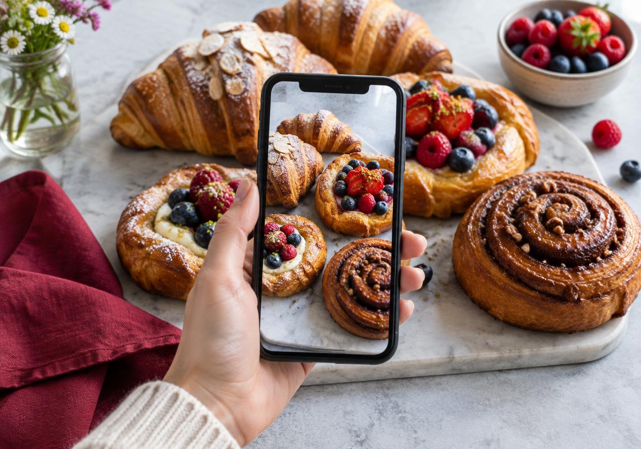 Photographing fresh bakery pastries for social media