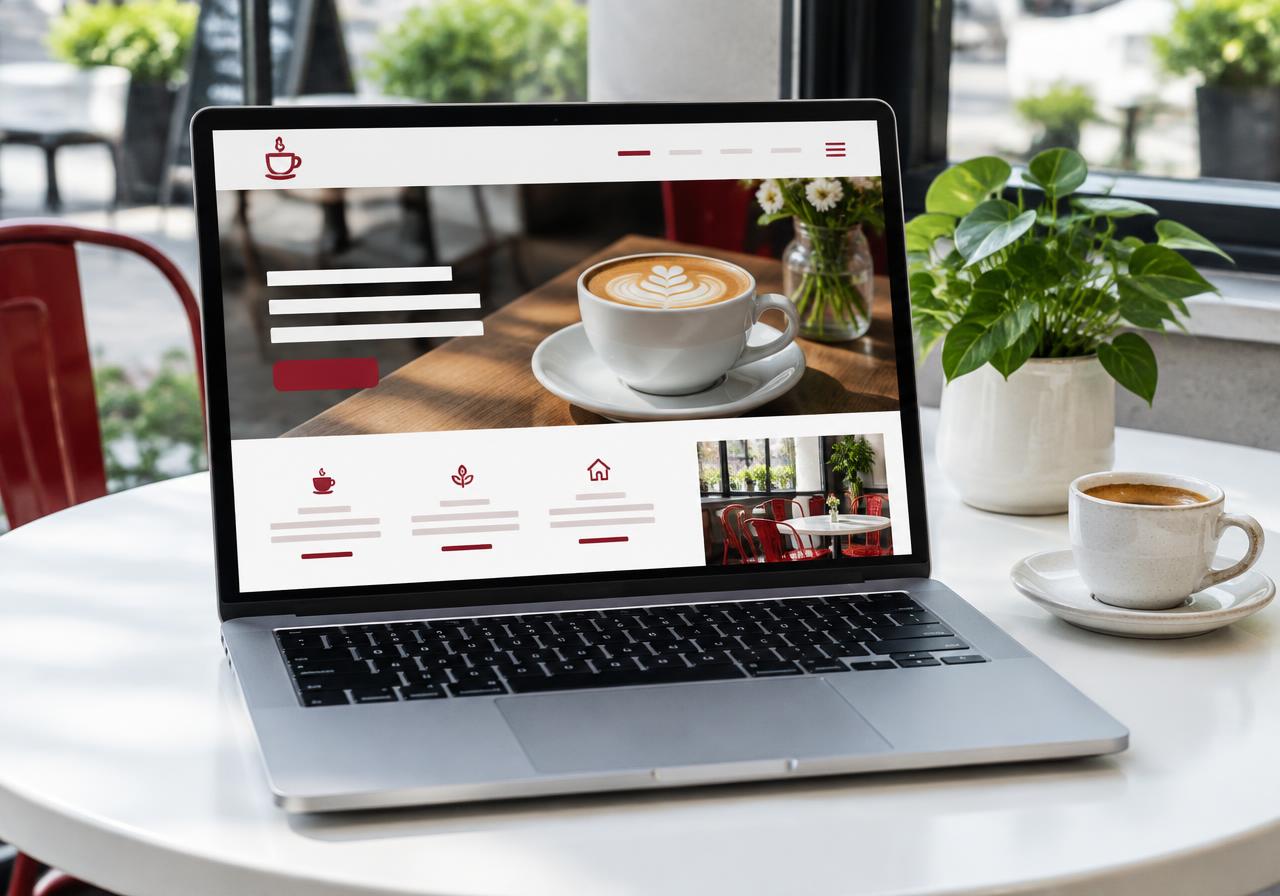 A café website displayed on a laptop beside a coffee cup